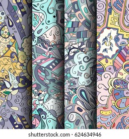 Set of tracery colorful seamless patterns. Curved doodling backgrounds for textile or printing with mehndi and ethnic motives. Vector