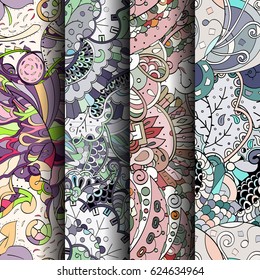 Set of tracery colorful seamless patterns. Curved doodling backgrounds for textile or printing with mehndi and ethnic motives. Vector