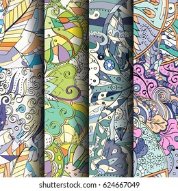 Set of tracery colorful seamless patterns. Curved doodling backgrounds for textile or printing with mehndi and ethnic motives. Vector