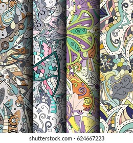 Set of tracery colorful seamless patterns. Curved doodling backgrounds for textile or printing with mehndi and ethnic motives. Vector