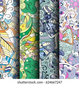 Set of tracery colorful seamless patterns. Curved doodling backgrounds for textile or printing with mehndi and ethnic motives. Vector