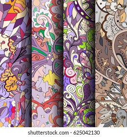 Set of tracery colorful seamless patterns. Curved doodling backgrounds for textile or printing with mehndi and ethnic motives. Vector