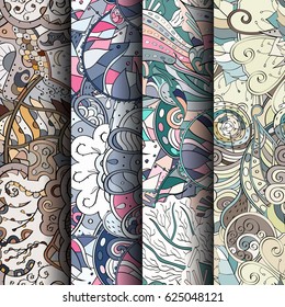 Set of tracery colorful seamless patterns. Curved doodling backgrounds for textile or printing with mehndi and ethnic motives. Vector