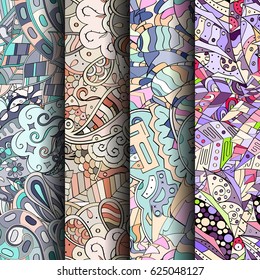 Set of tracery colorful seamless patterns. Curved doodling backgrounds for textile or printing with mehndi and ethnic motives. Vector