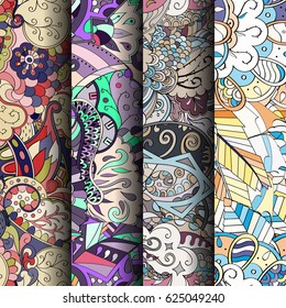 Set of tracery colorful seamless patterns. Curved doodling backgrounds for textile or printing with mehndi and ethnic motives. Vector