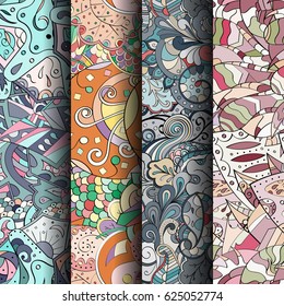 Set of tracery colorful seamless patterns. Curved doodling backgrounds for textile or printing with mehndi and ethnic motives. Vector