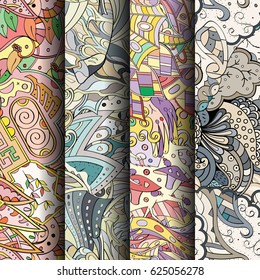 Set of tracery colorful seamless patterns. Curved doodling backgrounds for textile or printing with mehndi and ethnic motives. Vector