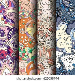 Set of tracery colorful seamless patterns. Curved doodling backgrounds for textile or printing with mehndi and ethnic motives. Vector