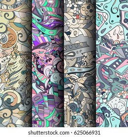 Set of tracery colorful seamless patterns. Curved doodling backgrounds for textile or printing with mehndi and ethnic motives. Vector