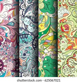 Set of tracery colorful seamless patterns. Curved doodling backgrounds for textile or printing with mehndi and ethnic motives. Vector