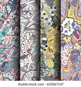 Set of tracery colorful seamless patterns. Curved doodling backgrounds for textile or printing with mehndi and ethnic motives. Vector