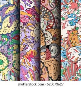 Set of tracery colorful seamless patterns. Curved doodling backgrounds for textile or printing with mehndi and ethnic motives. Vector