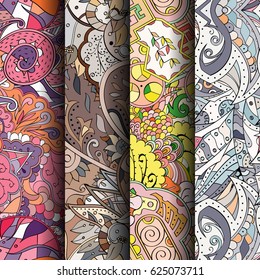 Set of tracery colorful seamless patterns. Curved doodling backgrounds for textile or printing with mehndi and ethnic motives. Vector