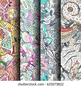 Set of tracery colorful seamless patterns. Curved doodling backgrounds for textile or printing with mehndi and ethnic motives. Vector