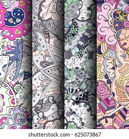 Set of tracery colorful seamless patterns. Curved doodling backgrounds for textile or printing with mehndi and ethnic motives. Vector