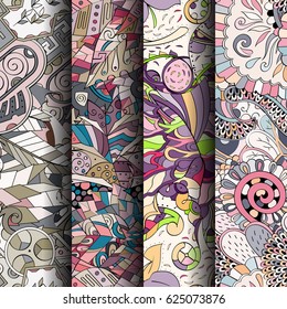 Set of tracery colorful seamless patterns. Curved doodling backgrounds for textile or printing with mehndi and ethnic motives. Vector