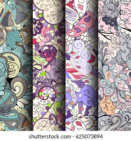 Set of tracery colorful seamless patterns. Curved doodling backgrounds for textile or printing with mehndi and ethnic motives. Vector