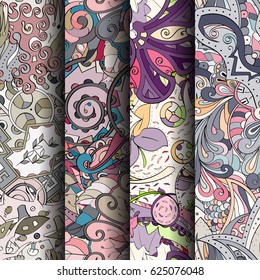 Set of tracery colorful seamless patterns. Curved doodling backgrounds for textile or printing with mehndi and ethnic motives. Vector