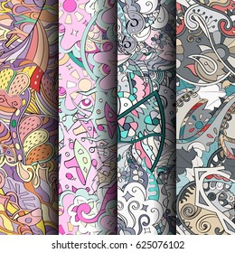 Set of tracery colorful seamless patterns. Curved doodling backgrounds for textile or printing with mehndi and ethnic motives. Vector