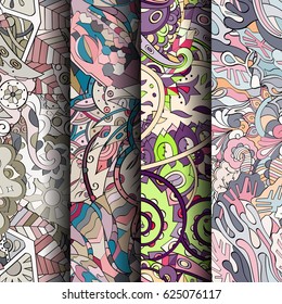Set of tracery colorful seamless patterns. Curved doodling backgrounds for textile or printing with mehndi and ethnic motives. Vector