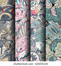 Set of tracery colorful seamless patterns. Curved doodling backgrounds for textile or printing with mehndi and ethnic motives. Vector