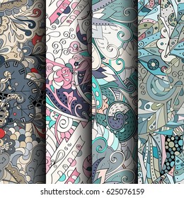 Set of tracery colorful seamless patterns. Curved doodling backgrounds for textile or printing with mehndi and ethnic motives. Vector