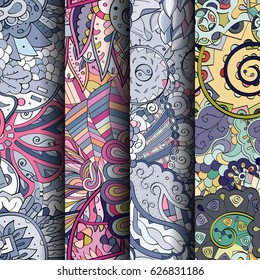 Set of tracery colorful seamless patterns. Curved doodling backgrounds for textile or printing with mehndi and ethnic motives. Vector