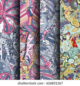 Set of tracery colorful seamless patterns. Curved doodling backgrounds for textile or printing with mehndi and ethnic motives. Vector