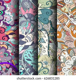 Set of tracery colorful seamless patterns. Curved doodling backgrounds for textile or printing with mehndi and ethnic motives. Vector