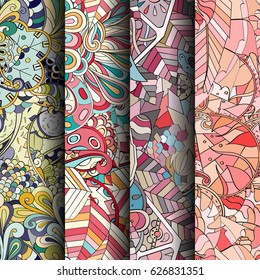 Set of tracery colorful seamless patterns. Curved doodling backgrounds for textile or printing with mehndi and ethnic motives. Vector