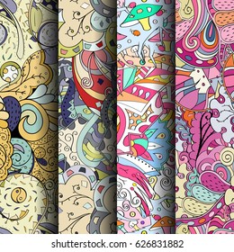 Set of tracery colorful seamless patterns. Curved doodling backgrounds for textile or printing with mehndi and ethnic motives. Vector
