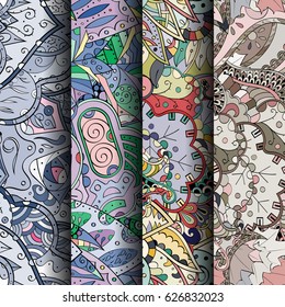 Set of tracery colorful seamless patterns. Curved doodling backgrounds for textile or printing with mehndi and ethnic motives. Vector