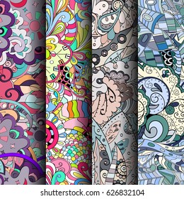 Set of tracery colorful seamless patterns. Curved doodling backgrounds for textile or printing with mehndi and ethnic motives. Vector