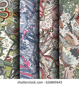 Set of tracery colorful seamless patterns. Curved doodling backgrounds for textile or printing with mehndi and ethnic motives. Vector