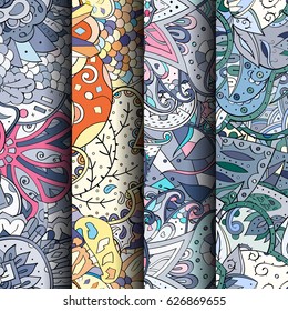 Set of tracery colorful seamless patterns. Curved doodling backgrounds for textile or printing with mehndi and ethnic motives. Vector