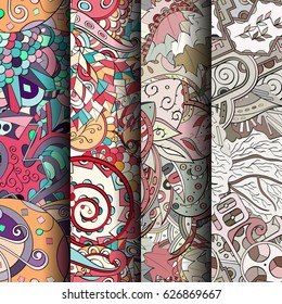 Set of tracery colorful seamless patterns. Curved doodling backgrounds for textile or printing with mehndi and ethnic motives. Vector