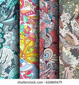 Set of tracery colorful seamless patterns. Curved doodling backgrounds for textile or printing with mehndi and ethnic motives. Vector