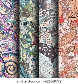 Set of tracery colorful seamless patterns. Curved doodling backgrounds for textile or printing with mehndi and ethnic motives. Vector