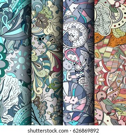 Set of tracery colorful seamless patterns. Curved doodling backgrounds for textile or printing with mehndi and ethnic motives. Vector