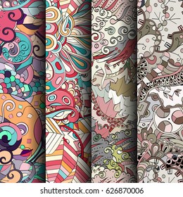 Set of tracery colorful seamless patterns. Curved doodling backgrounds for textile or printing with mehndi and ethnic motives. Vector
