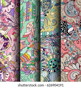 Set of tracery colorful seamless patterns. Curved doodling backgrounds for textile or printing with mehndi and ethnic motives. Vector