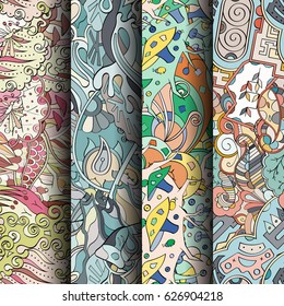 Set of tracery colorful seamless patterns. Curved doodling backgrounds for textile or printing with mehndi and ethnic motives. Vector