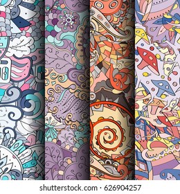 Set of tracery colorful seamless patterns. Curved doodling backgrounds for textile or printing with mehndi and ethnic motives. Vector