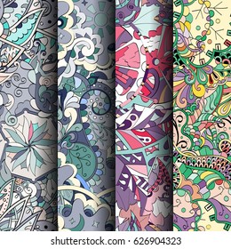 Set of tracery colorful seamless patterns. Curved doodling backgrounds for textile or printing with mehndi and ethnic motives. Vector