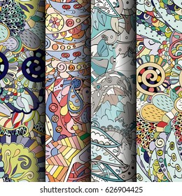 Set of tracery colorful seamless patterns. Curved doodling backgrounds for textile or printing with mehndi and ethnic motives. Vector