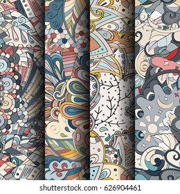 Set of tracery colorful seamless patterns. Curved doodling backgrounds for textile or printing with mehndi and ethnic motives. Vector