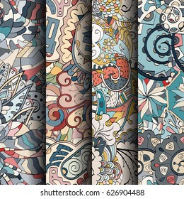 Set of tracery colorful seamless patterns. Curved doodling backgrounds for textile or printing with mehndi and ethnic motives. Vector