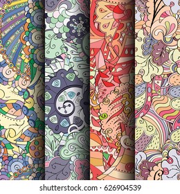 Set of tracery colorful seamless patterns. Curved doodling backgrounds for textile or printing with mehndi and ethnic motives. Vector