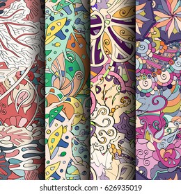 Set of tracery colorful seamless patterns. Curved doodling backgrounds for textile or printing with mehndi and ethnic motives. Vector