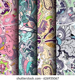 Set of tracery colorful seamless patterns. Curved doodling backgrounds for textile or printing with mehndi and ethnic motives. Vector